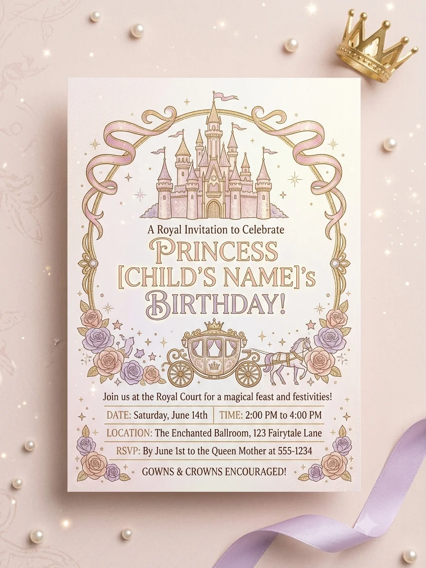 Princess Birthday Invitation Template, Editable Royal Girl Invite, Printable Castle Party, Canva Instant Download Digital product image (1)