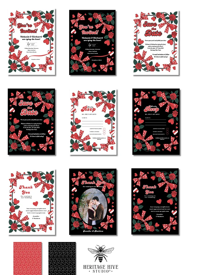 Editable Retro Wedding Invitations | Edit in Canva | Instant Download Template | Roackabilly Red Black Polka Dot Bows product image (2)