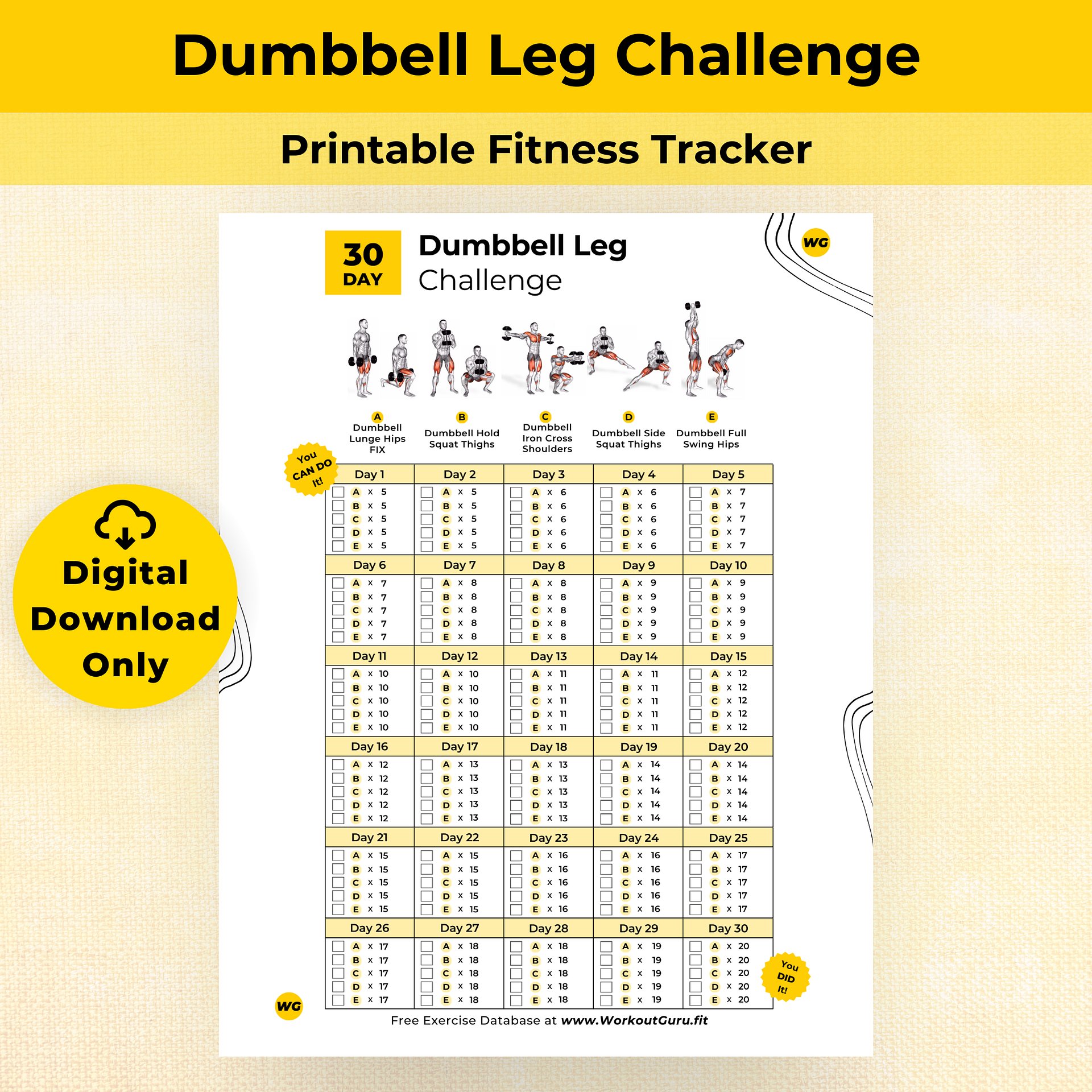 30 Day Dumbbell Leg Challenge - Printable Workout Tracker product image (1)