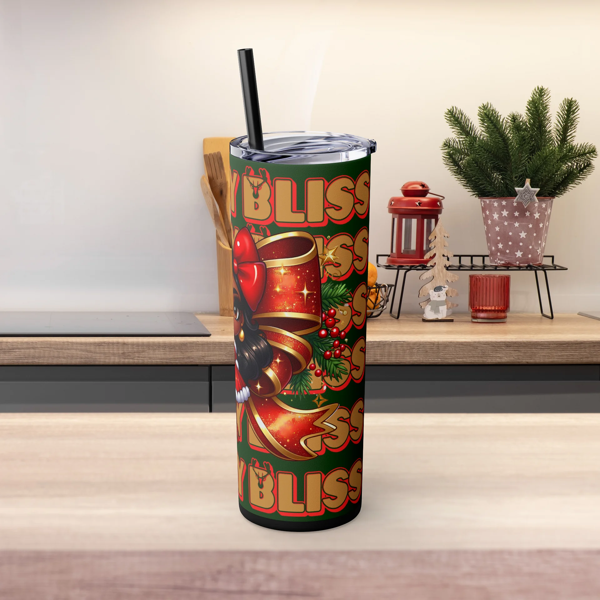 Holiday Bliss Christmas Tumbler Wrap Design, Festive Black Girl Clipart, Christmas Bow Sublimation PNG, Red and Green Holiday Cheer Art product image (4)