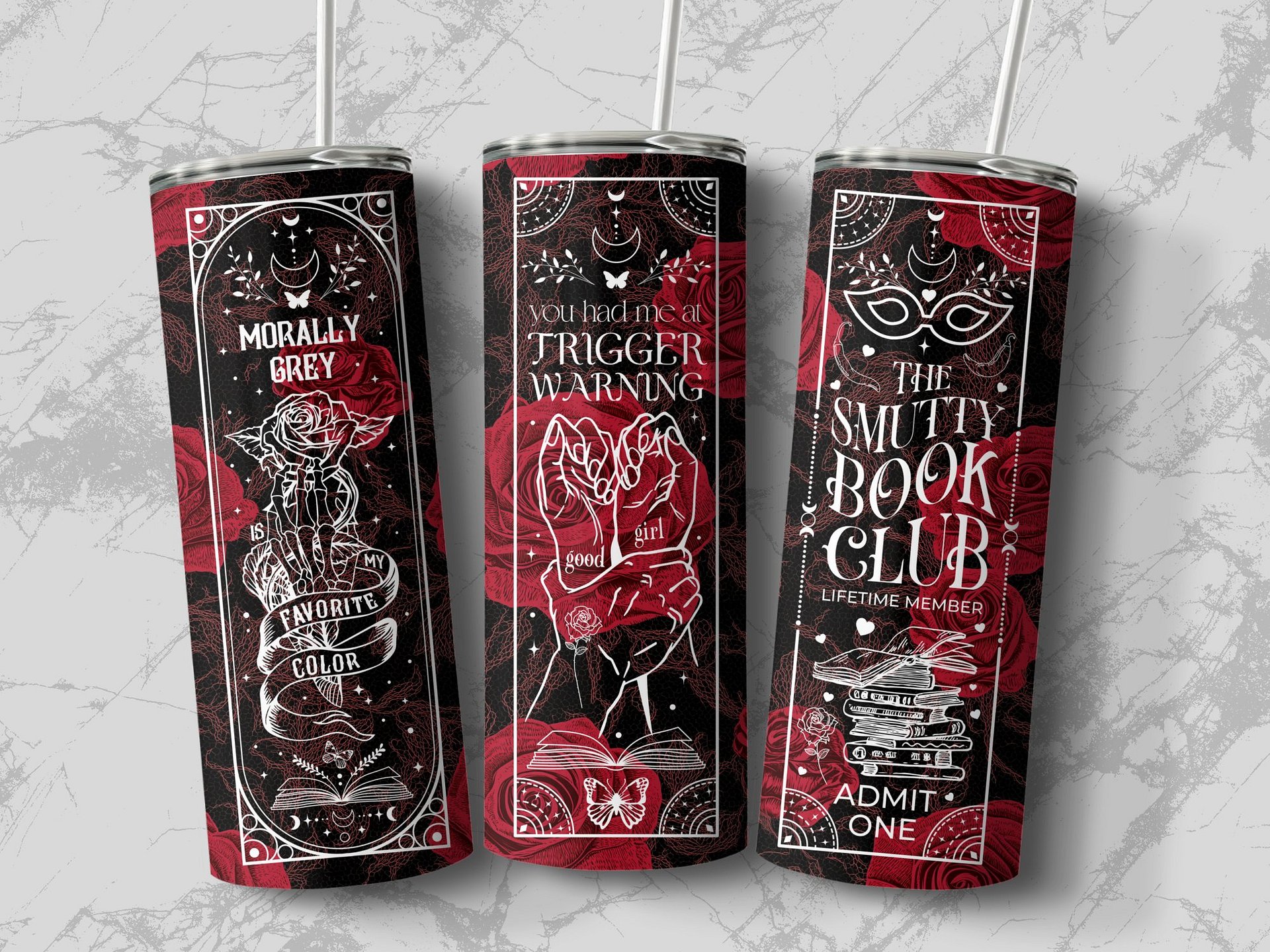 Smutty Book Reader Dark Romance, Trigger Warning, Skeleton Rose 20oz Tumbler Full Wrap PNG, Seamless Sublimation Design, Digital Download product image (4)