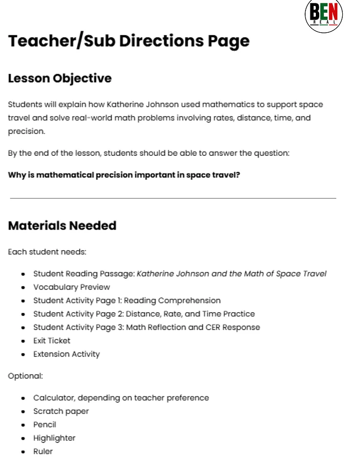 Black History 365 Sub Plan: Katherine Johnson and the Math of Space Travel | Middle School Math| 60-Minute Lesson product image (2)