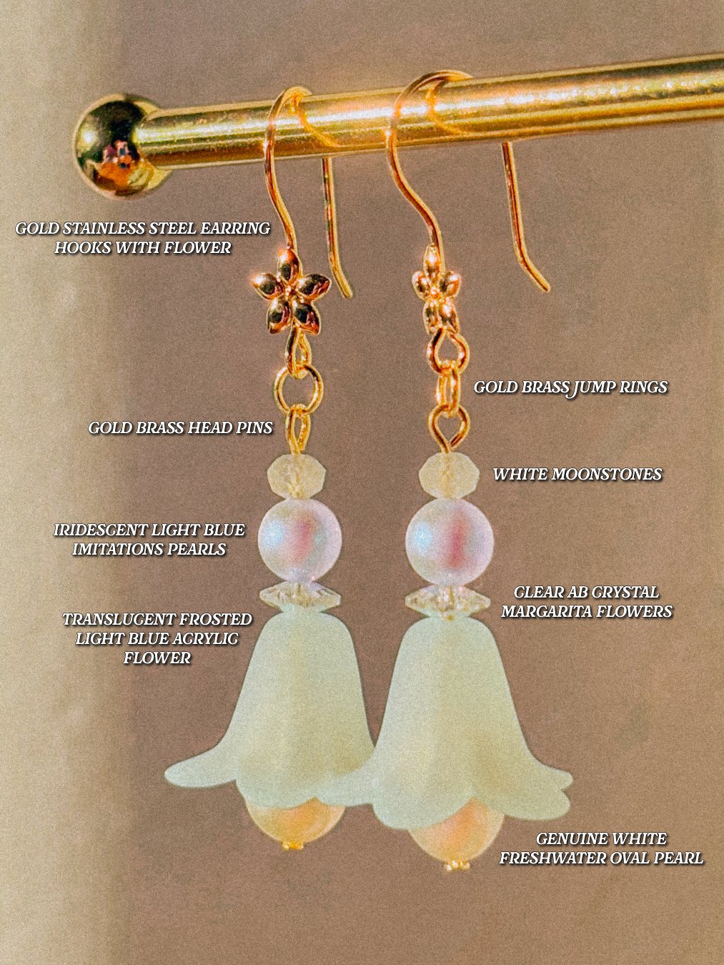 Light blue flower bells - Pearl and moonstone earrings product image (2)