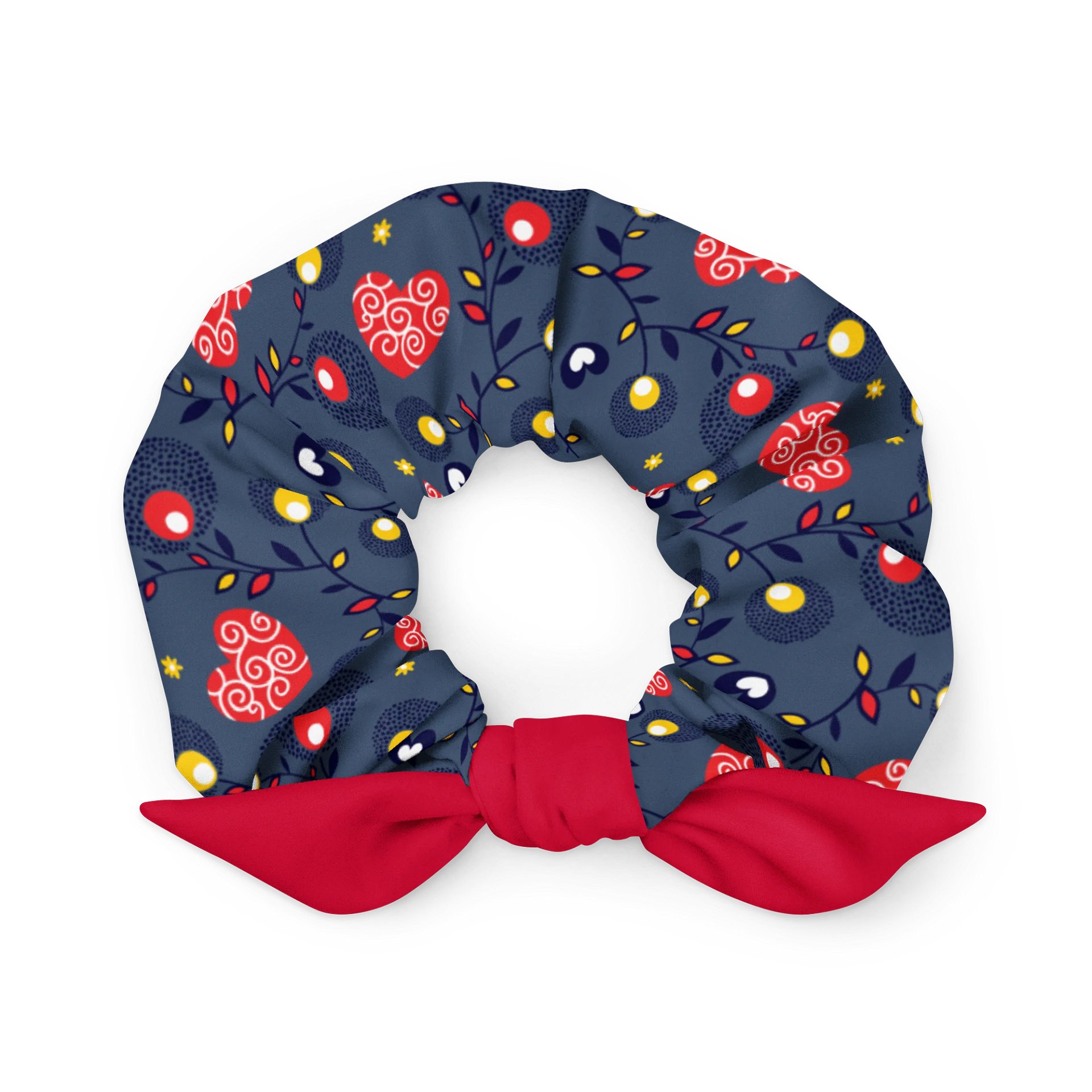 Navy Folk Floral Scrunchie with Red Bow | Sustainable Hair Accessory product image (1)