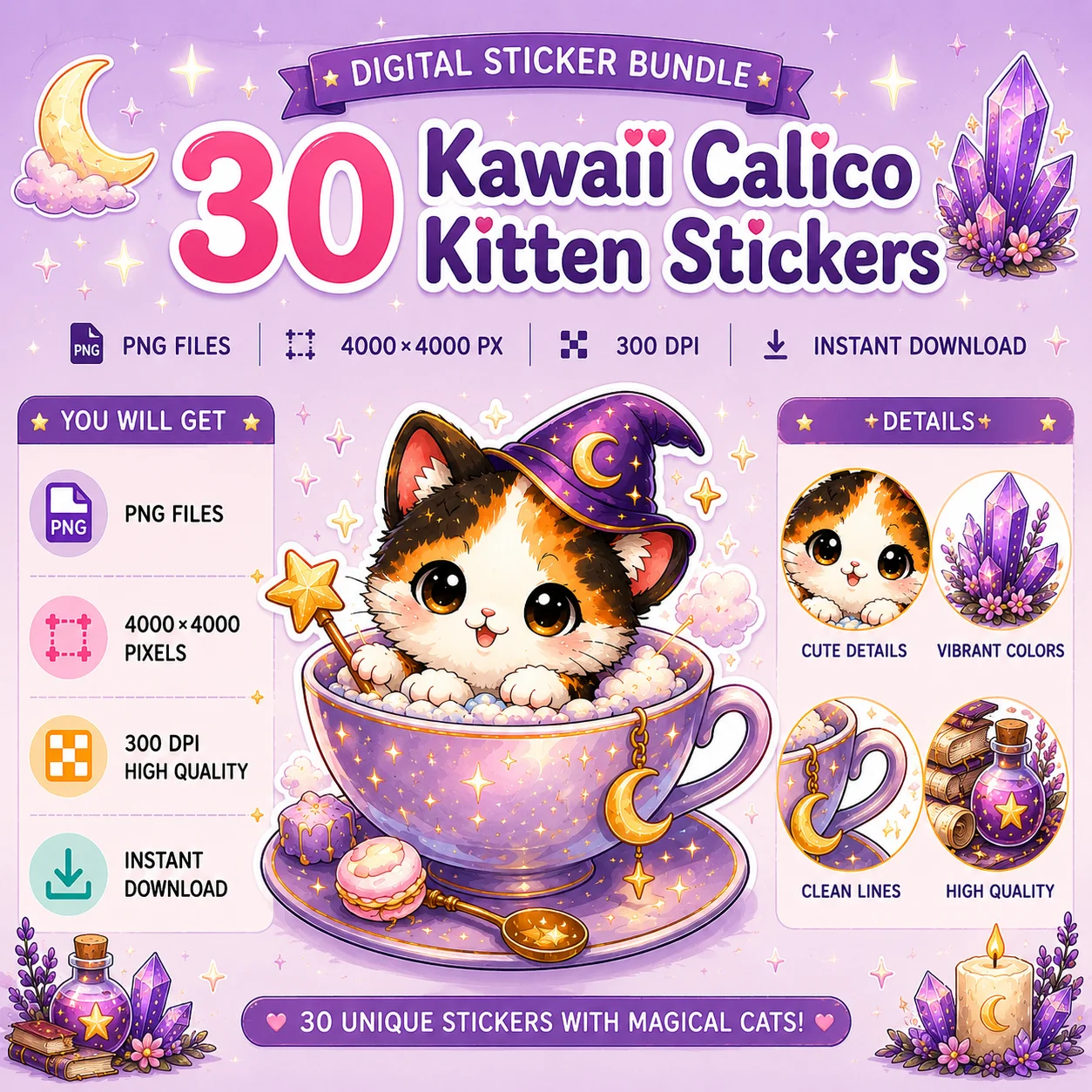 30 Kawaii Calico Kitten Stickers product image (1)