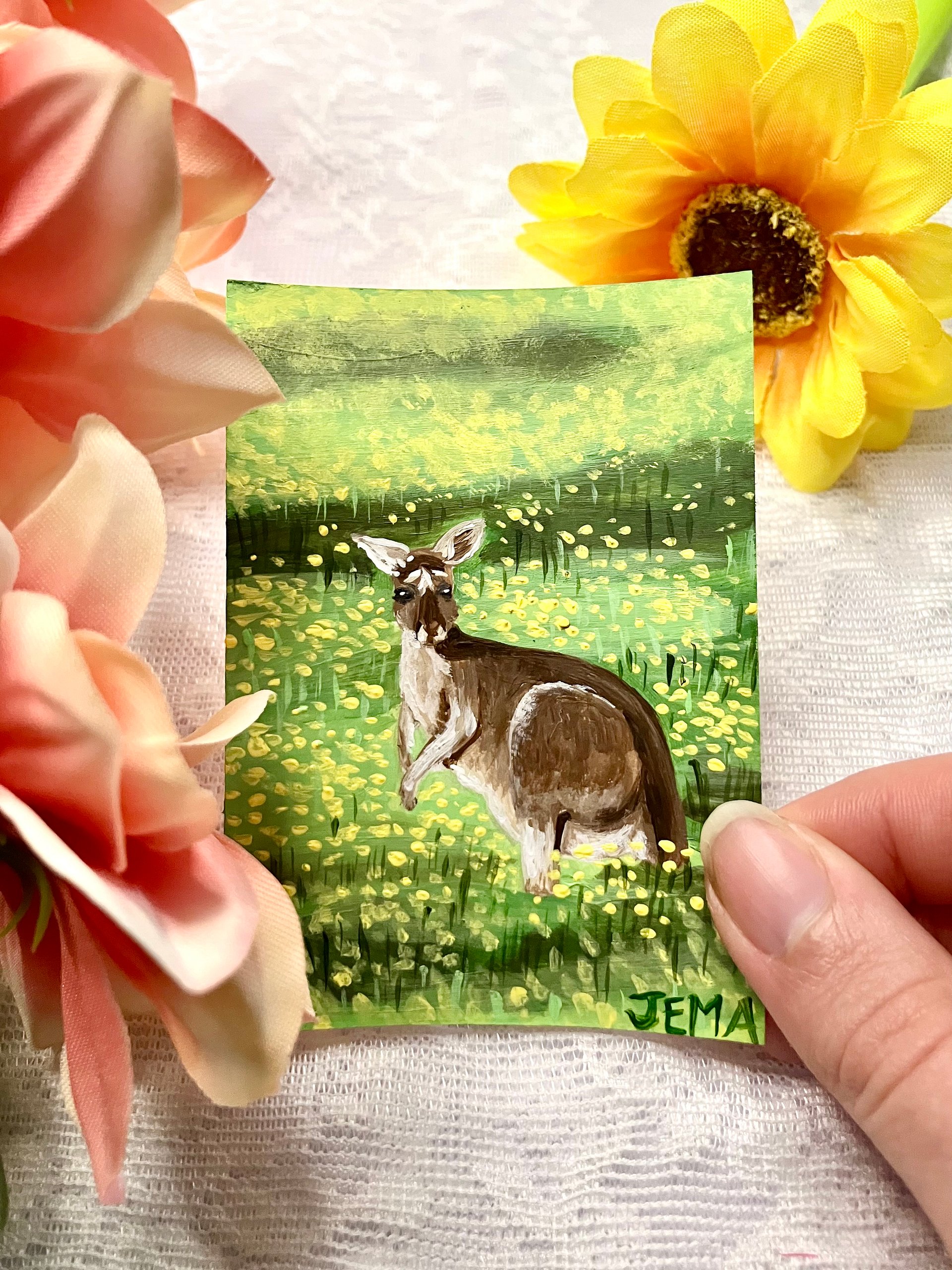 Roo In Yellow Flowers ACEO Original Acrylic Painting product image (4)