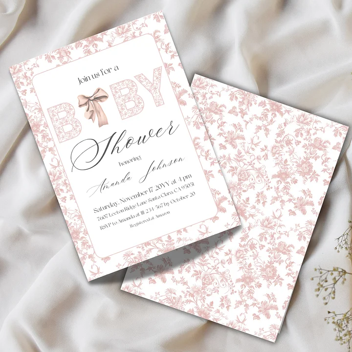 Pink Bow Toile de Jouy Baby Shower Invitation, Chinoiserie Floral Themed Girl Baby Shower Invite for Digital Download | Canva Template product image (2)