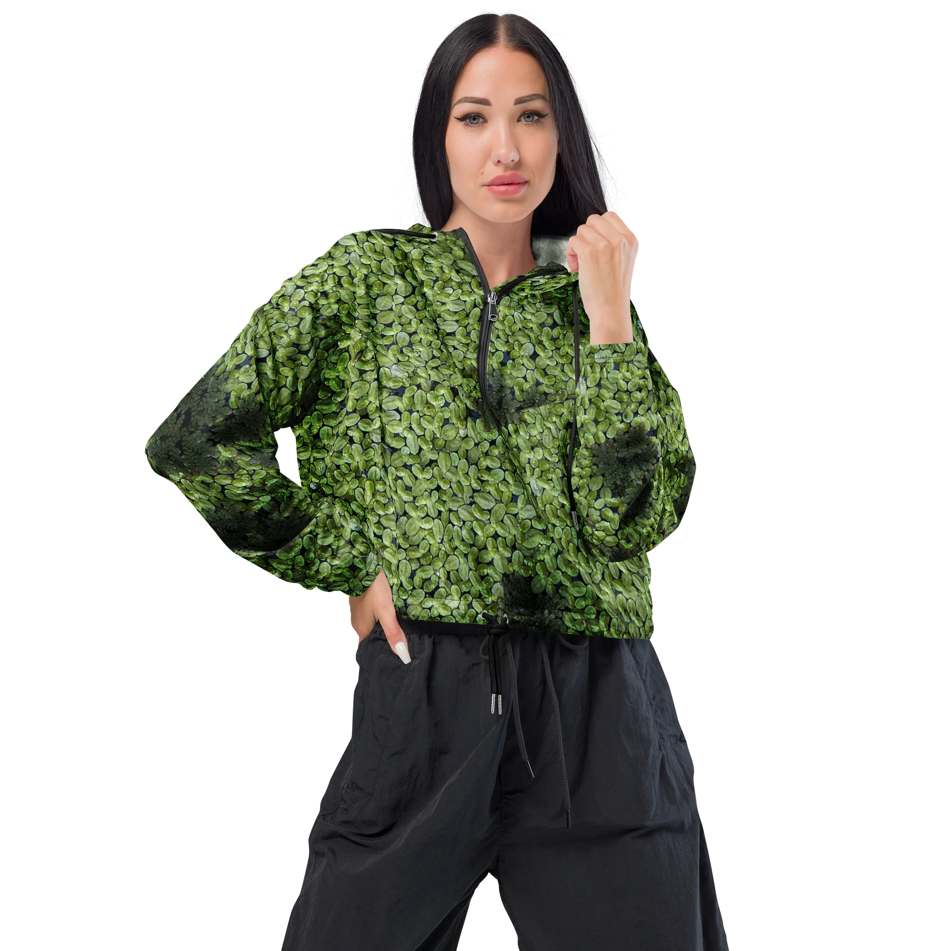 Verdant Life Dark Women's All-Over Print Lush Foliage Cropped Windbreaker product image (1)