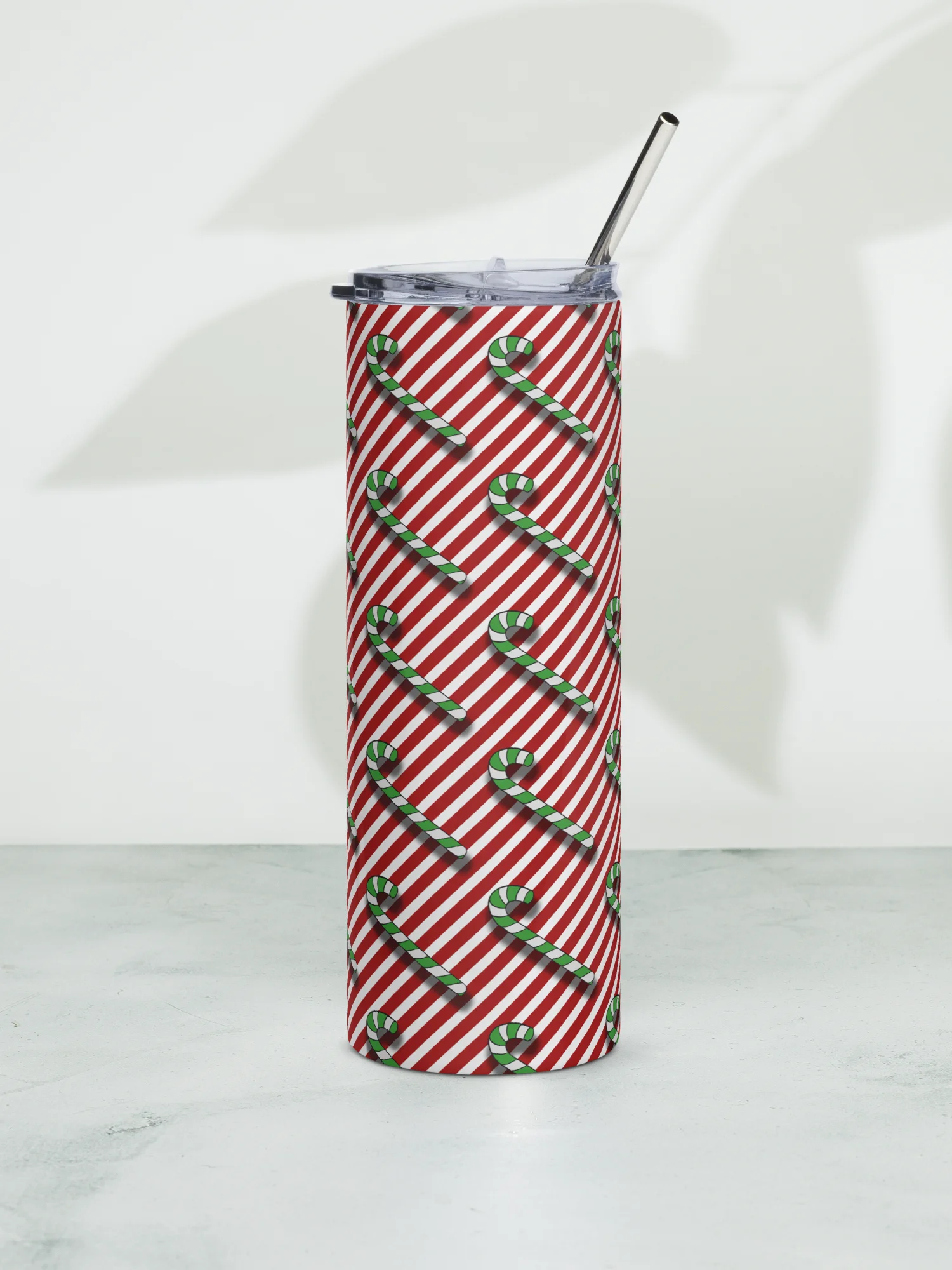 Green Candy Canes on Red Stipe Stainless Steel Tumbler with Straw product image (6)