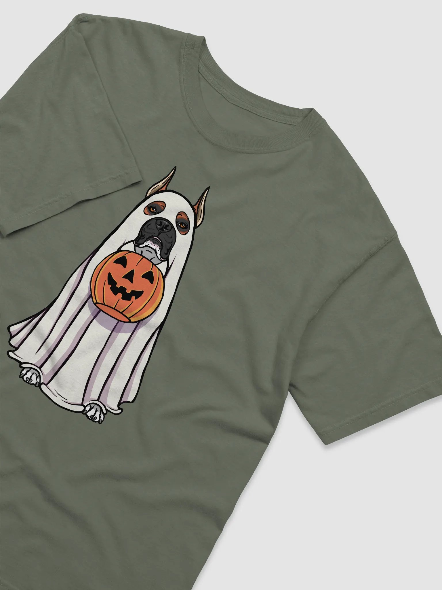 Funny Halloween Boxer Dog(Cropped Ears, Black Mask) T-Shirt | Funny Boxer Wearing a Ghost Costume and Holding a Pumpkin Basket product image (6)