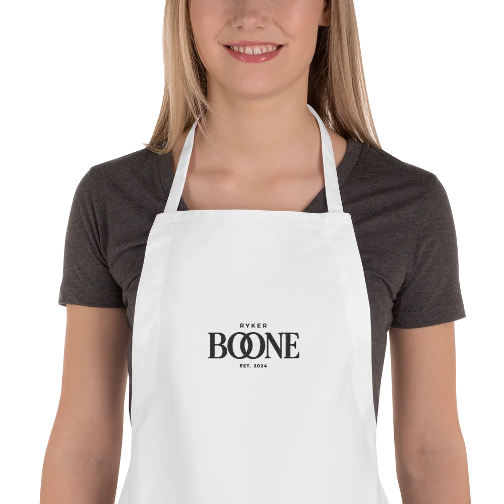Ryker Boone "Sweet Tea & Blue Jeans" Embroidered Cooking Apron (White/Black Logo) product image (1)