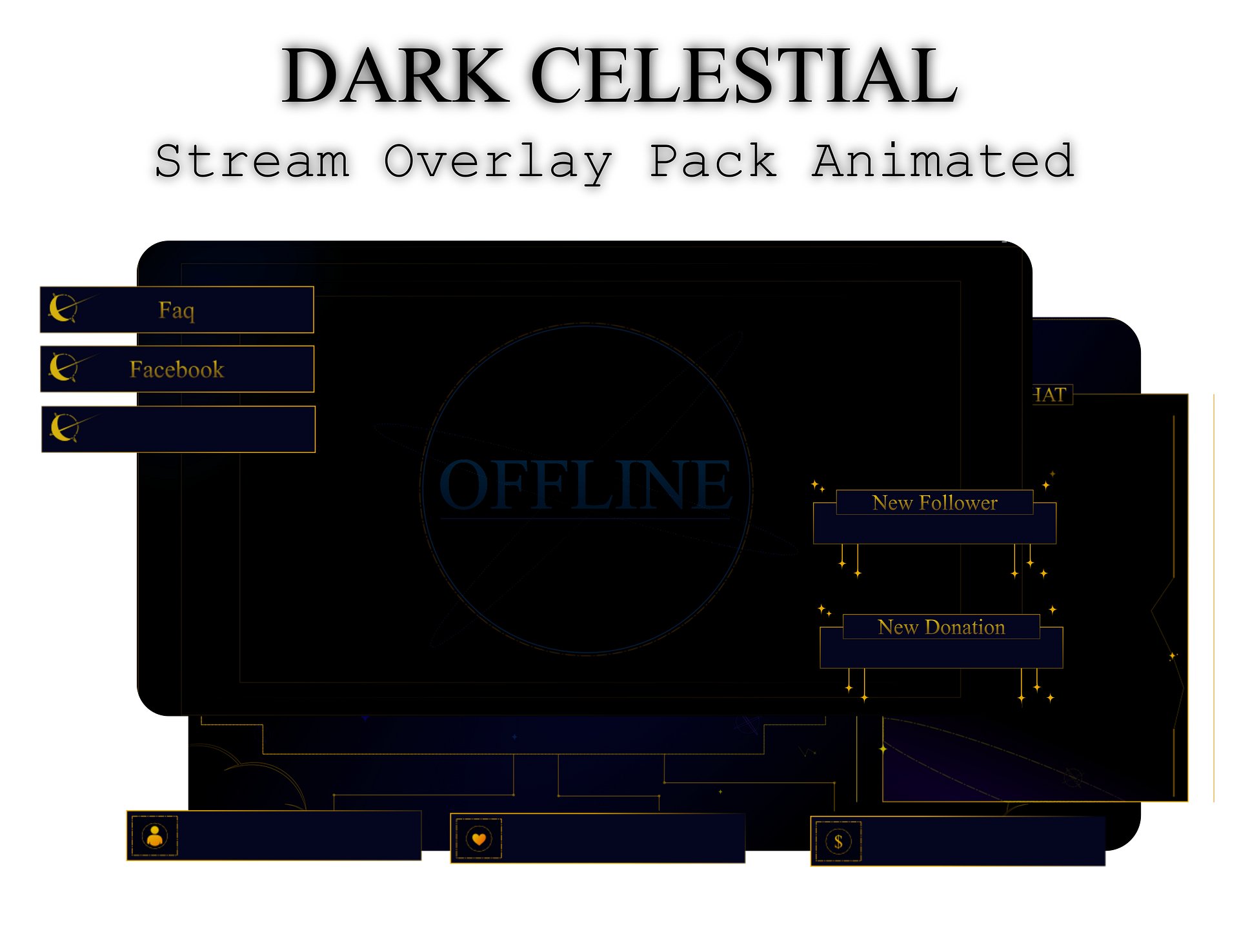 SIMPLE Dark STREAM OVERLAY Celestial, Dark overlay pack, Celestial Animated Overlay, Stream overlay pack, Black and gold Overlay product image (1)