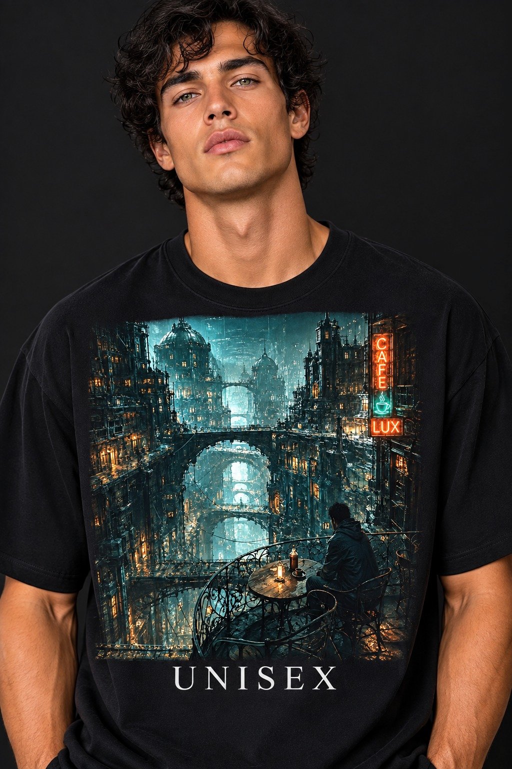 Cyberpunk City Café at Night Wall Art | Dark Academia Gothic City Digital product image (1)