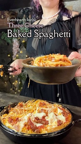 Cozy Cottage Three Cheeses Baked Spaghetti - full recipe in bio:) The cheesiest spaghetti in all of Faerun! Made with cheeses...