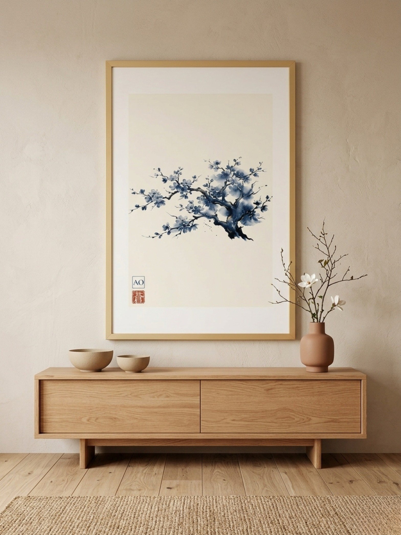 Japanese Ink Art Print | Indigo Sakura No.05 | Framed Wall Art - AO Japan Blue product image (5)