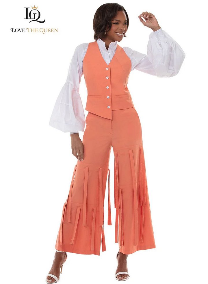 Peach Ribbon Fringe Vest & Pant Set - 2pc Wide-Leg Suit product image (2)