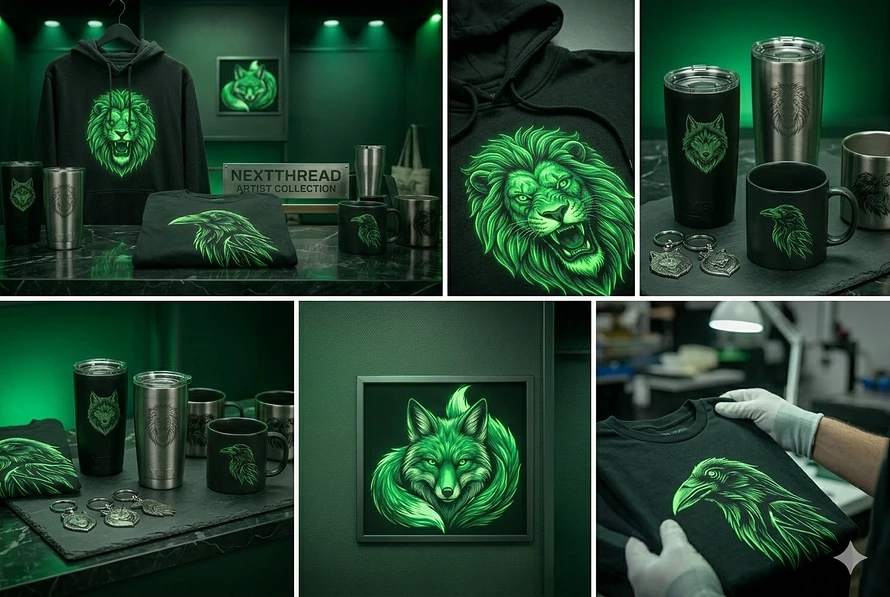 A six-panel composite product showcase of the NEXTTHREAD ARTIST COLLECTION, featuring glowing neon green vector wildlife designs. It displays a roaring lion hoodie, a howling wolf tumbler, a raven shirt, a framed fox print, and keychains on a dark marble surface, illuminated by moody cool green light.