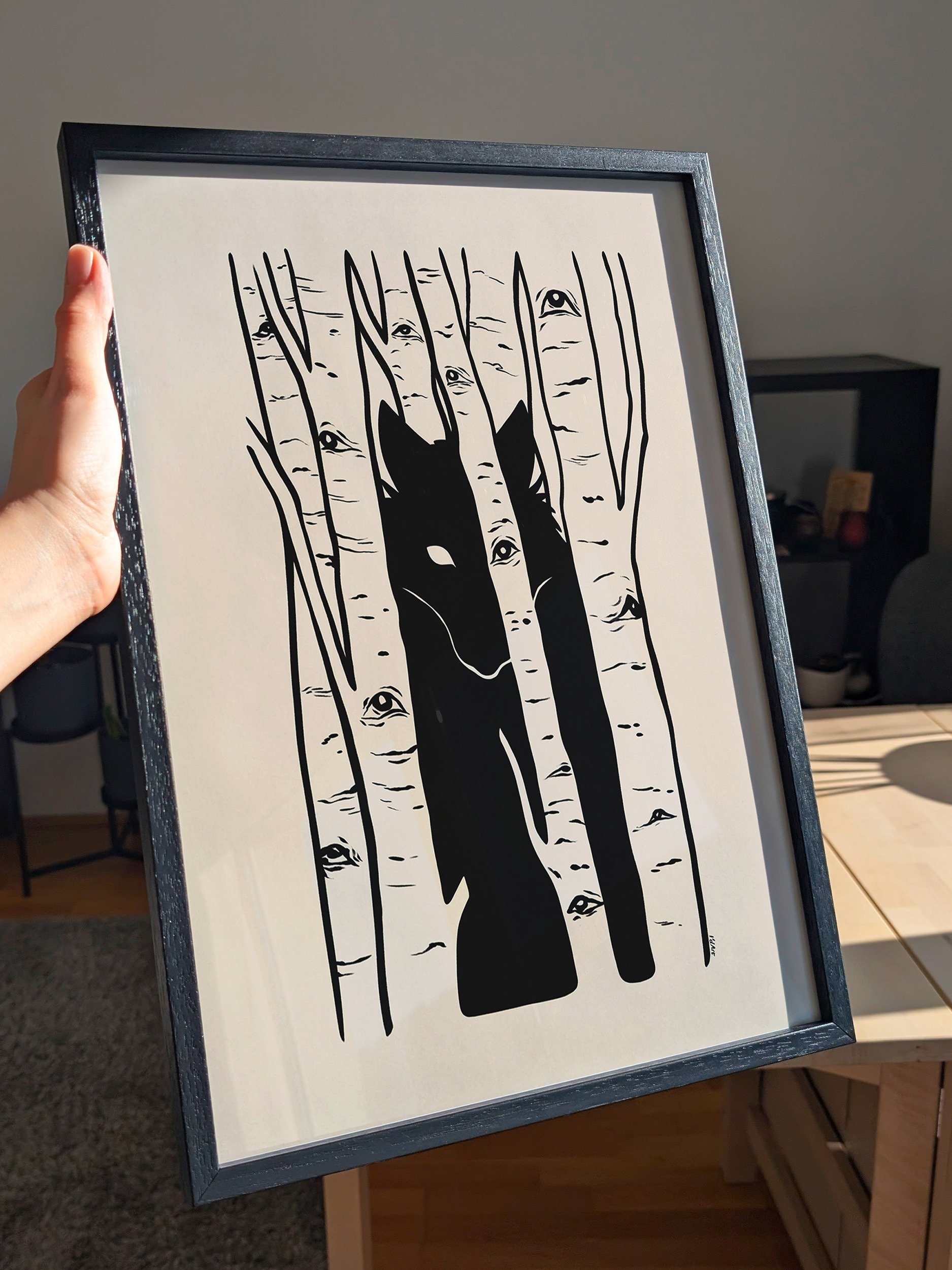 Aspen Eyes Hidden Watcher, Birch Trees & Black Wolf Art product image (6)