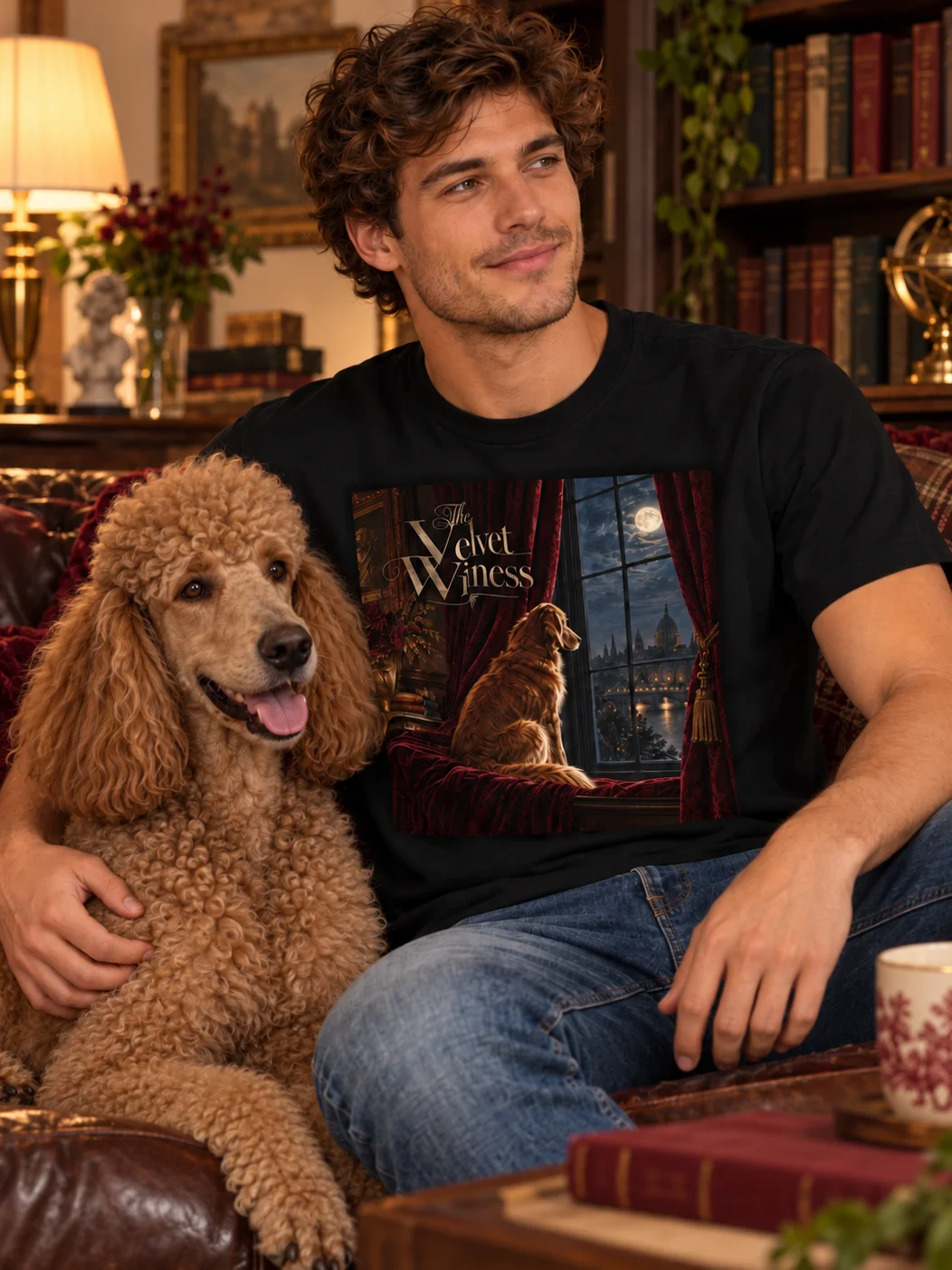 Vintage Dog Graphic T-Shirt – Moonlit Golden Retriever Art | The Velvet Witness product image (1)