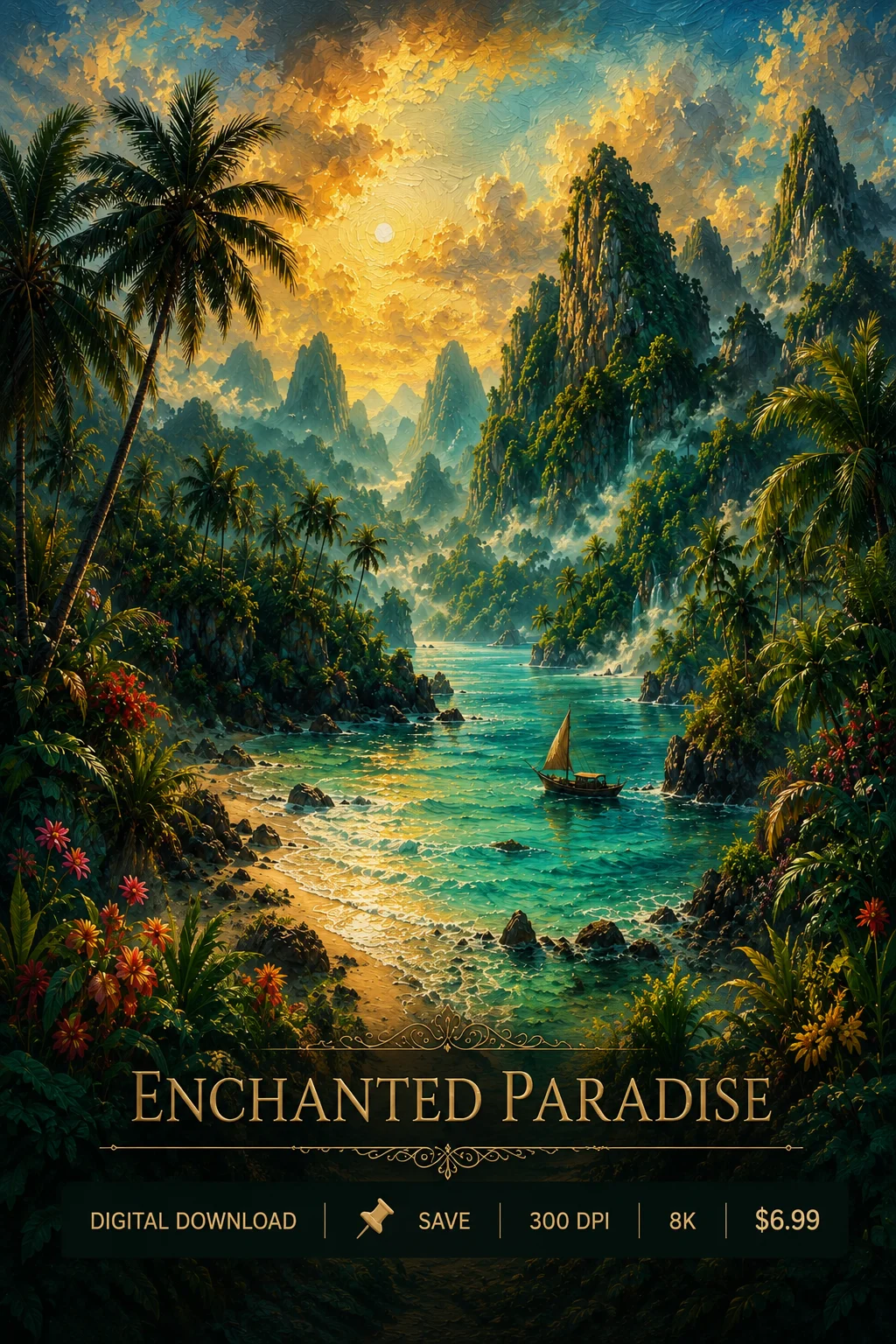 Enchanted Paradise Tropical Wall Art Printable | Fantasy Beach Landscape Decor | Digital Download product image (1)