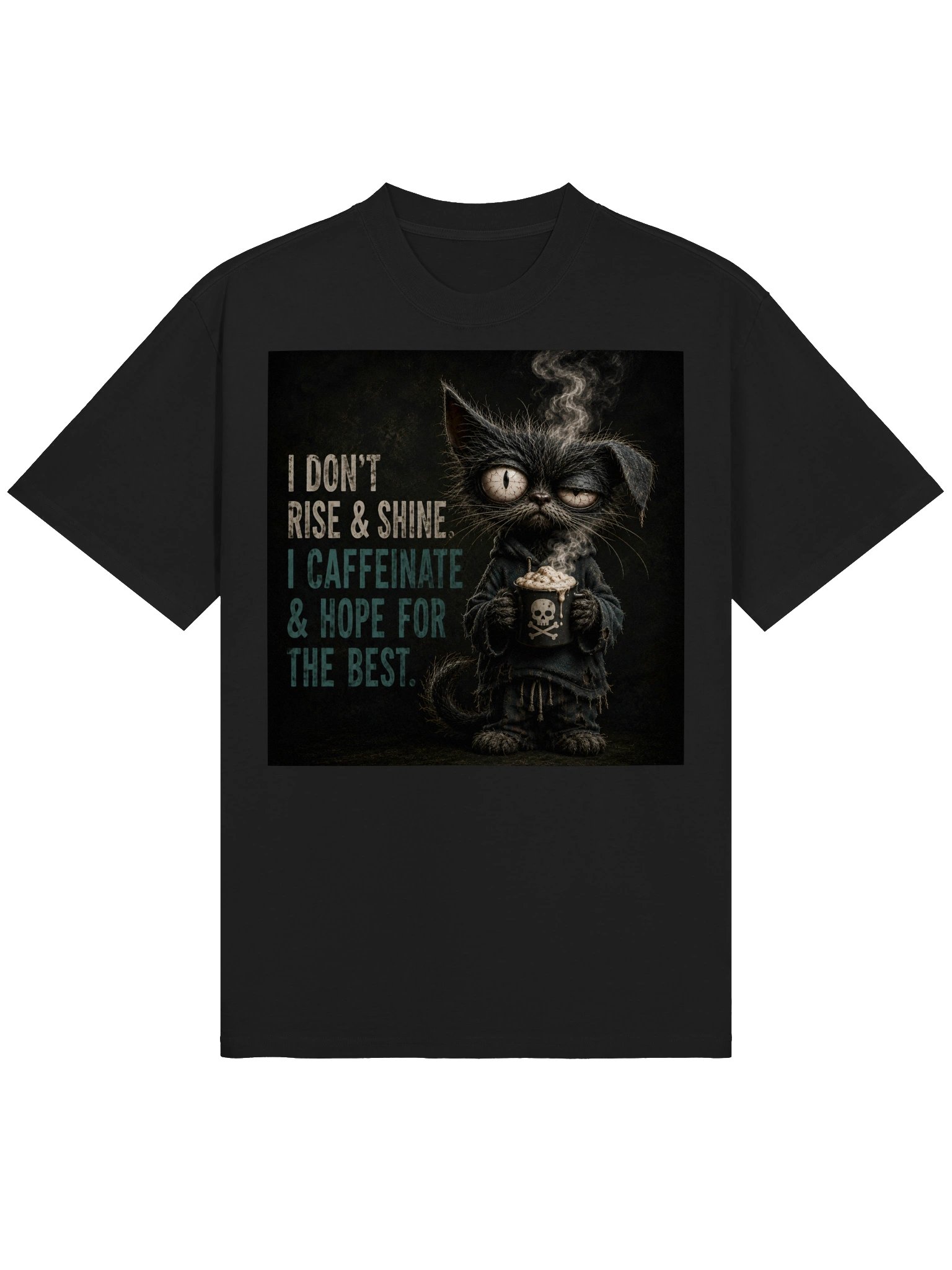 I Don’t Rise & Shine I Caffeinate & Hope for the Best Cat Coffee T-Shirt | Unisex Oversized product image (2)