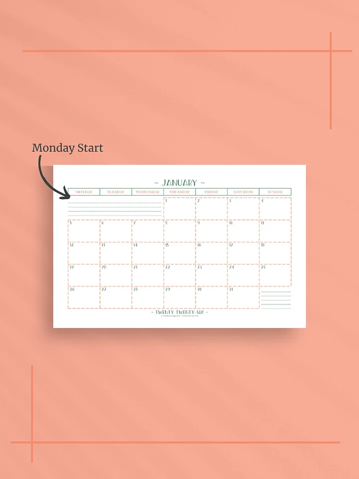 Peachy Green 2026 Calendar - Single Page per Month, Monday Start, Half Letter Size product image (2)