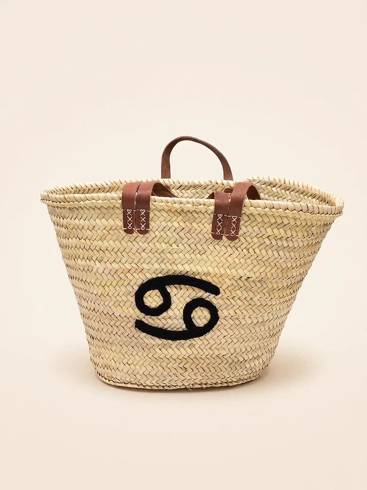 Handmade Straw Tote Bag – Cancer Zodiac Monogram Market Basket product image (1)