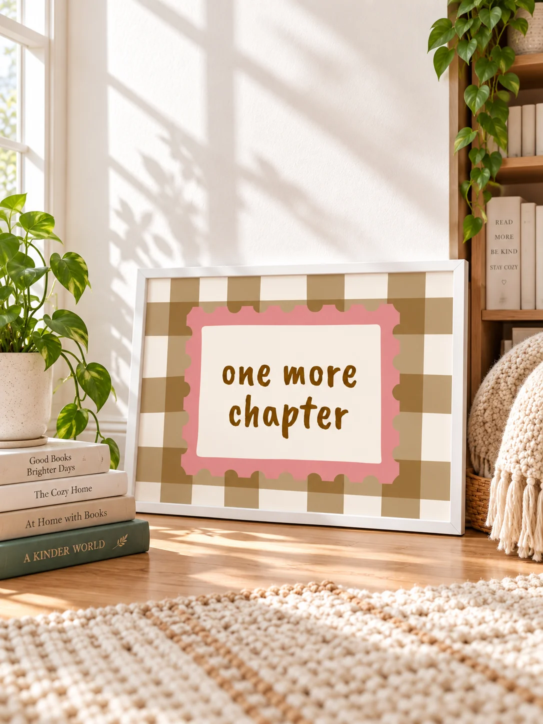One More Chapter Printable Wall Art | Book Lover Reading Nook Poster | Pink Checkered Library Decor | Digital Download product image (1)