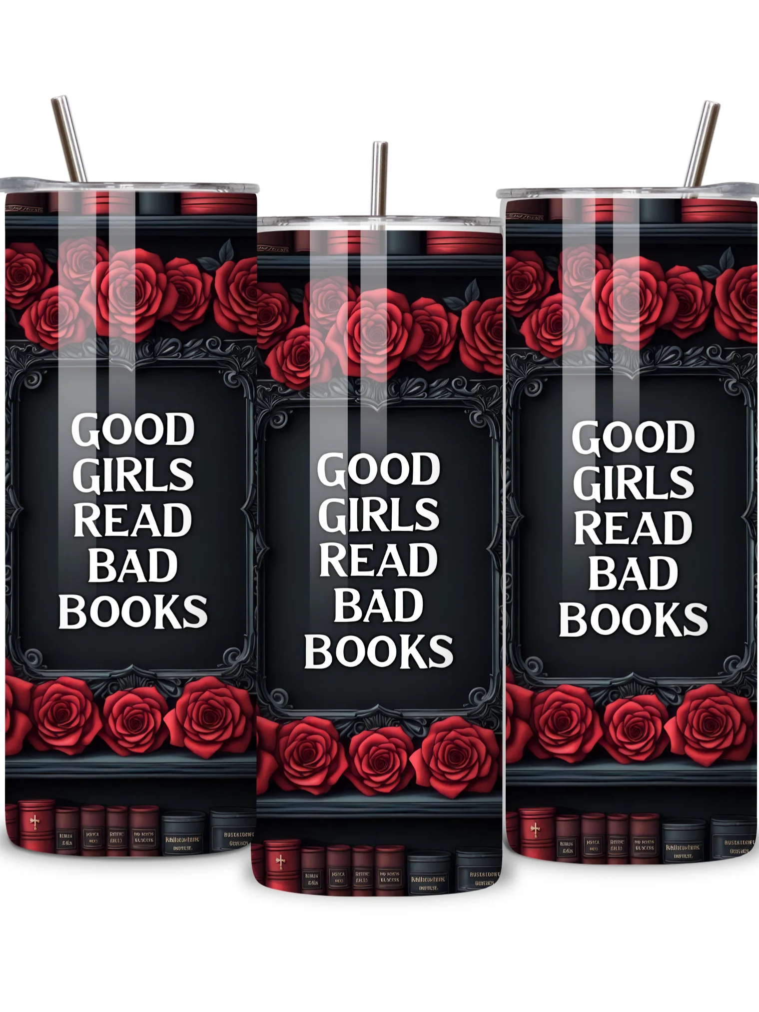Goth 20oz Skinny Tumbler with Metal Straw – Elegant Red Rose and Library Design – Double-Walled Insulated Stainless Steel Tumbler for Hot & Cold Drinks, Gift for Goth Book Lover product image (2)