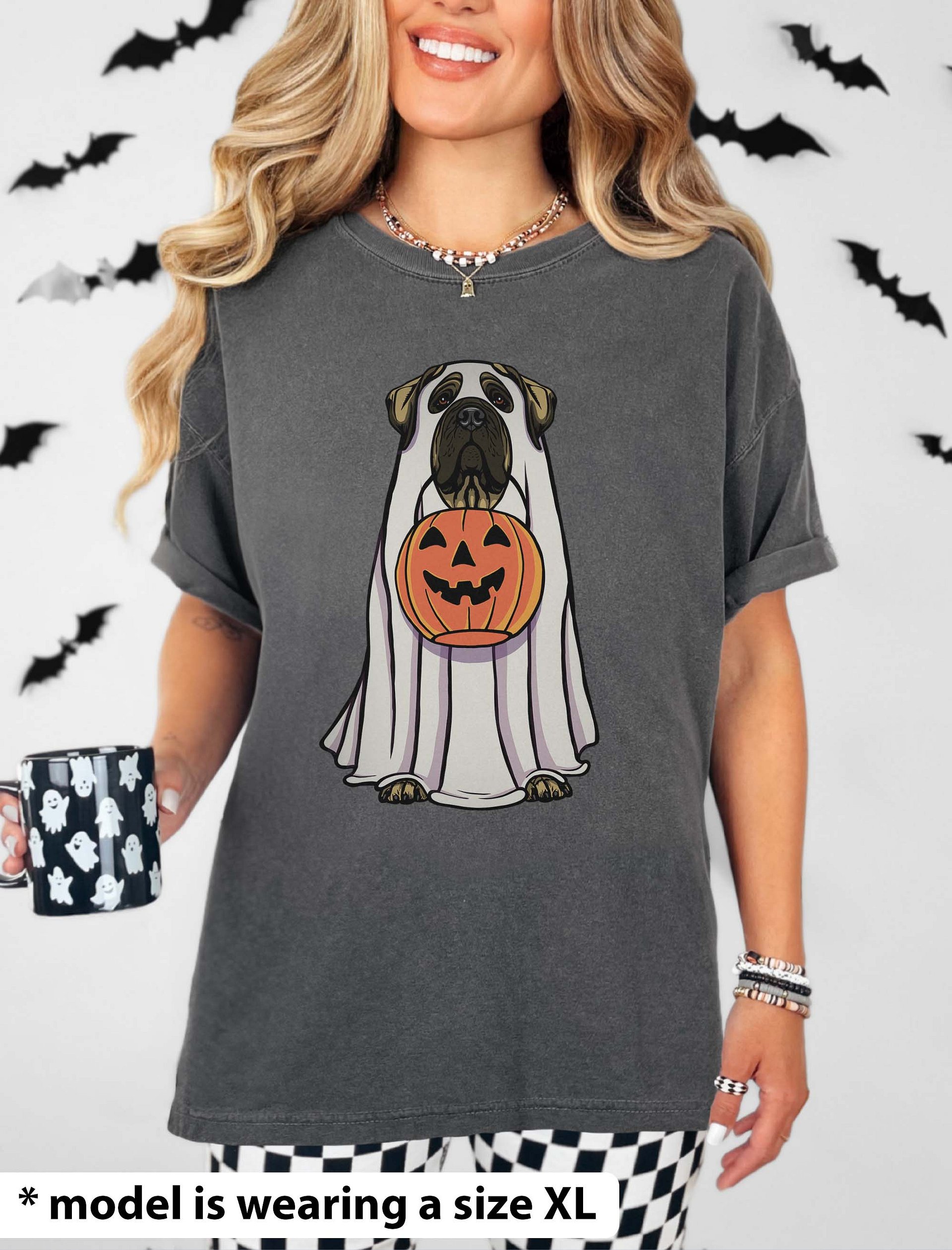 Funny Halloween English Mastiff T-Shirt | Funny English Mastiff Wearing a Ghost Costume and Holding a Pumpkin Basket product image (2)