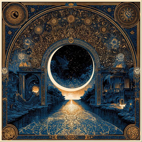 She reads the language of the stars. The celestial map unfolds before her, written in gold and blue, in sacred geometry and a...