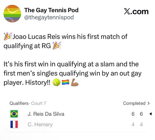 🎉HISTORIC MOMENT🎉

João Lucas Reis’s win today was his first qualifying win at a slam and also the first win by an out gay ma...