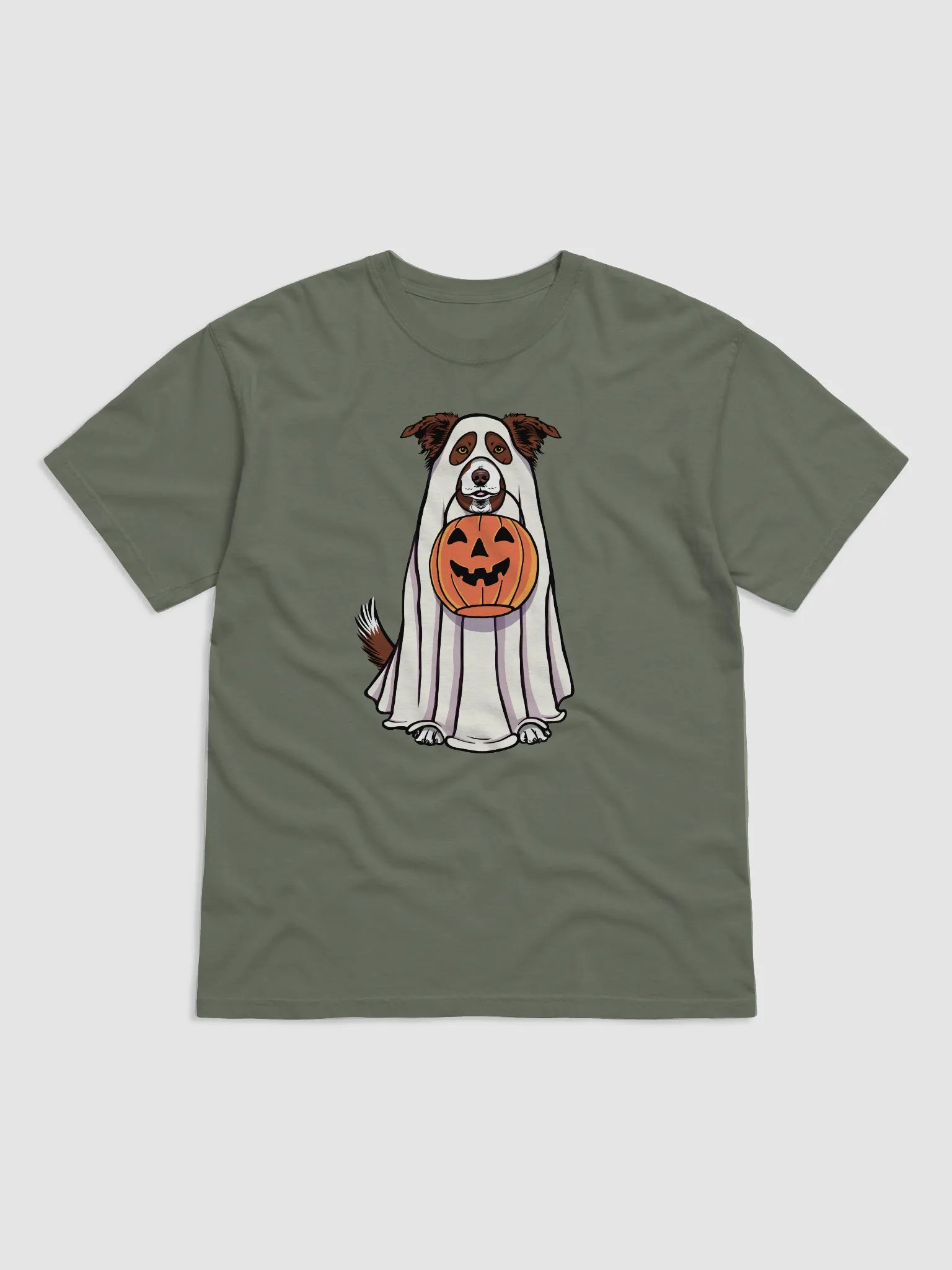 Funny Halloween Border Collie(Brown) T-Shirt | Funny Border Collie Wearing a Ghost Costume and Holding a Pumpkin Basket product image (1)