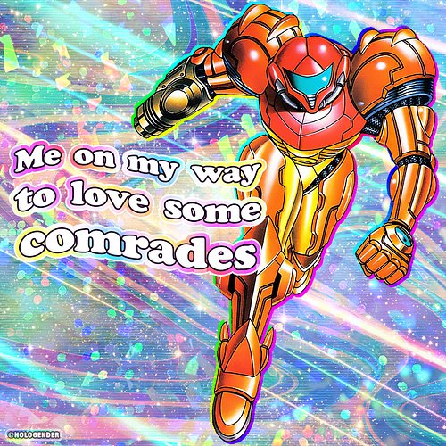 ID: An illustration of Saumus in movement. Text reads: Me on my way to love some comrades