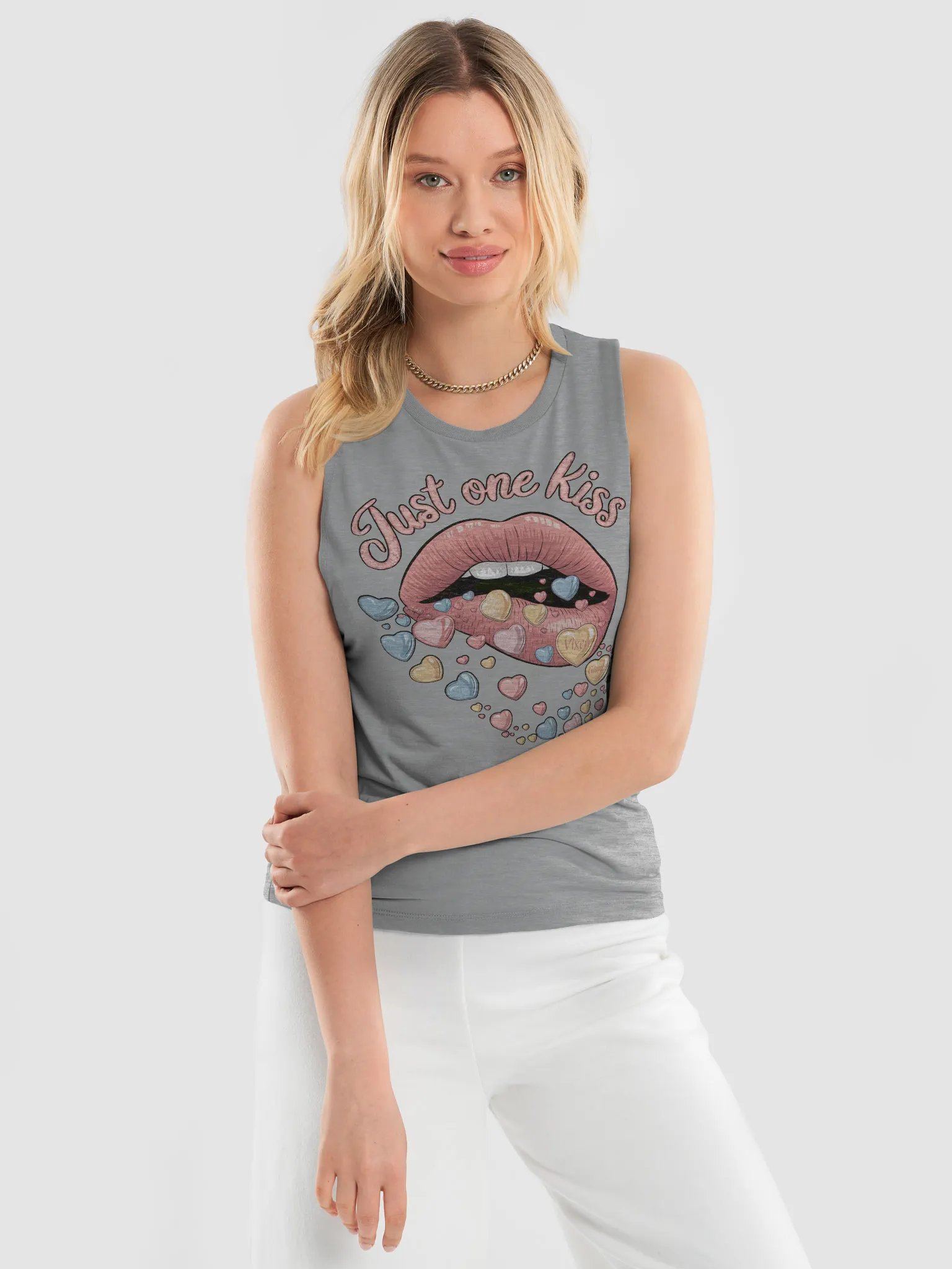 Just One Kiss Flirty Vixen Games Lips With Hearts Flowy Muscle Tank product image (17)