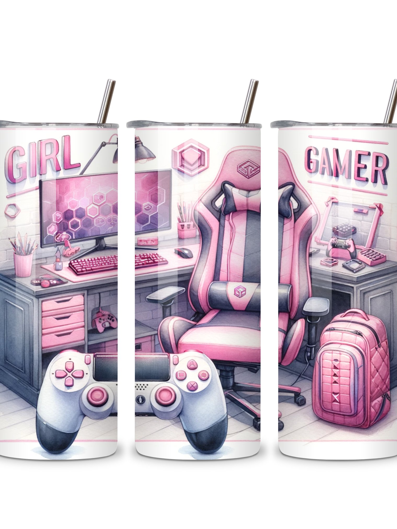 Girl Gamer 20oz Skinny Tumbler with Metal Straw – Stylish Pink Gaming Setup Design – Double-Walled Insulated Stainless Steel Tumbler for Hot & Cold Drinks, Perfect Gift for Female Gamers product image (4)