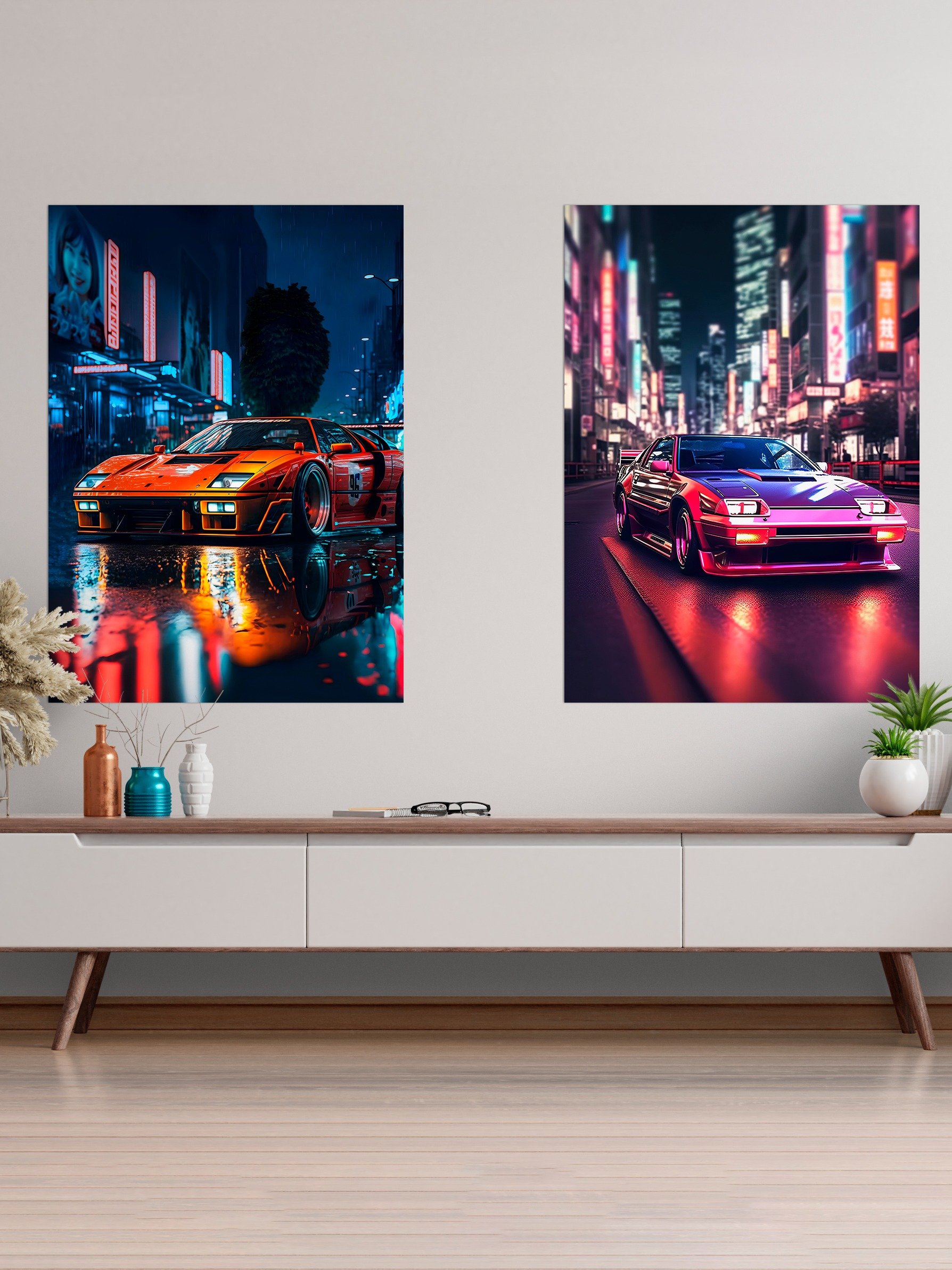 Ferrari, Retrowave classic sports car in Tokyo city [synthwave/vaporwave/cyberpunk] — aesthetic art print product image (2)