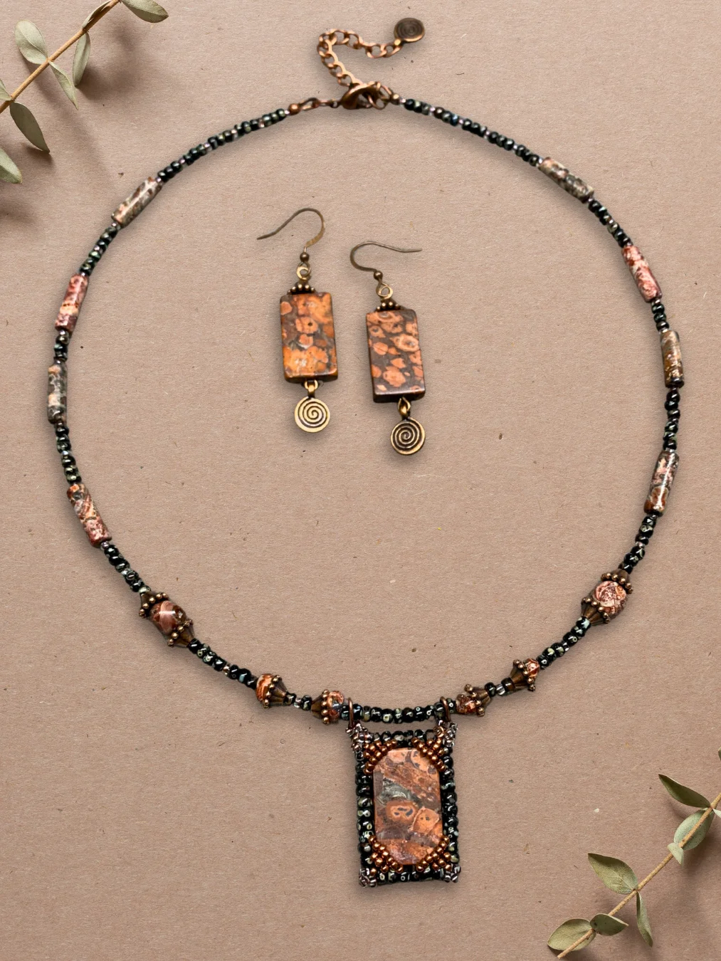 Leopard Print Jasper Red/Black Beaded Pendant Necklace and Earrings product image (2)