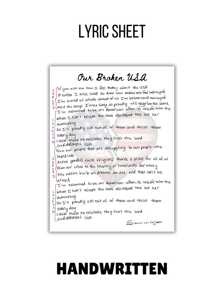Our Broken USA Handwritten Lyric Sheet (Digital Download) product image (1)