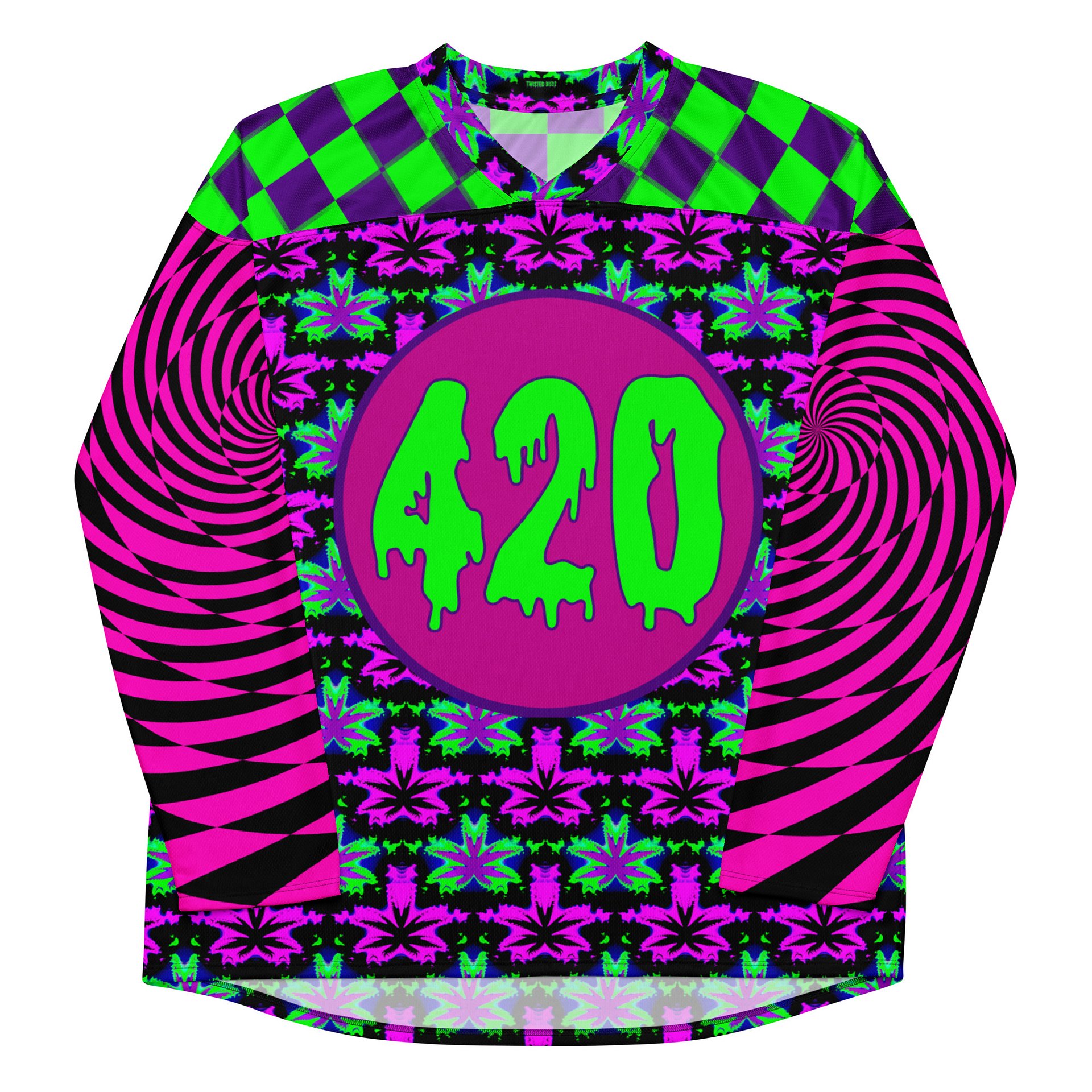 Cannabis Leaf 420 Hockey Jersey, Psychedelic Weed Rave Shirt, Spirals Stoner Clothes, Neon EDM Festival Fashion, Trippy Checkers Techno Top product image (7)
