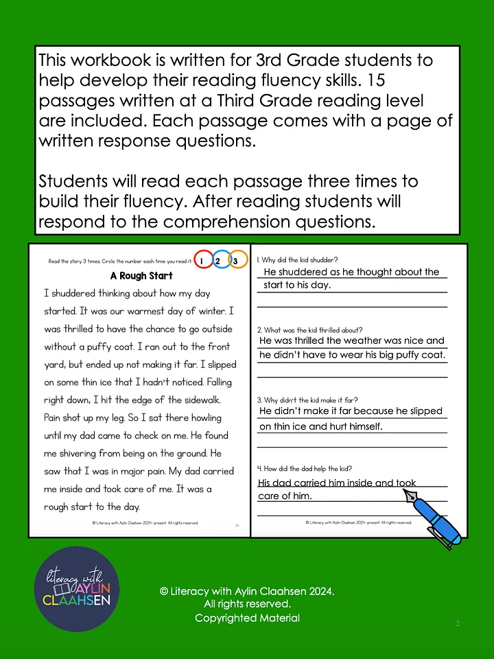3rd Grade Fluency Passages with Comprehension Questions Workbook product image (2)