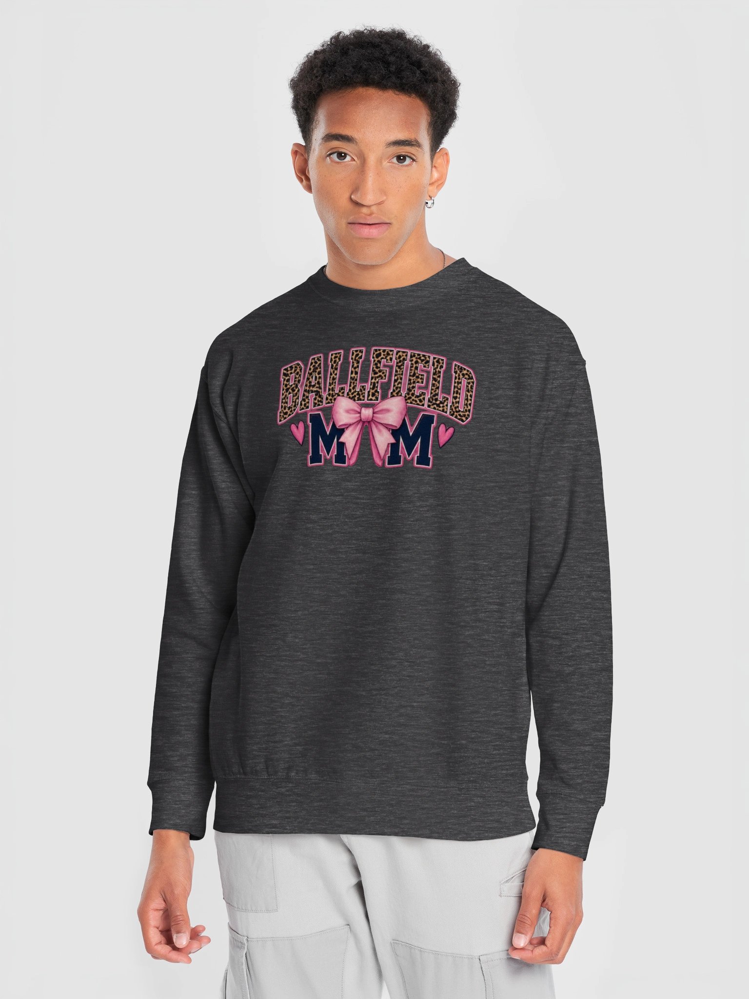 Ballfield Mom Crewneck Sweatshirt | Leopard Letters Pink Bow Sports Mom Sweatshirt product image (5)