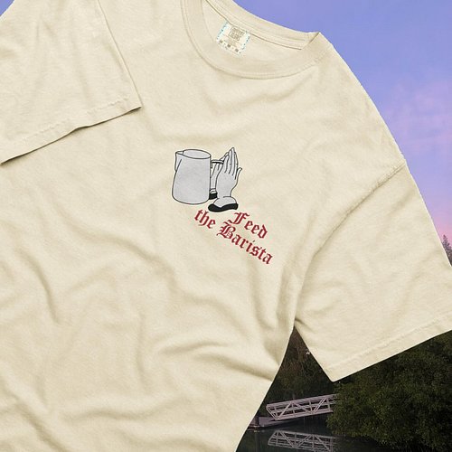 🙏☕️ Steady hands, smooth pours. The Prayer Pitcher Tee by Feed the Barista is for the ones who treat every latte like a ritua...