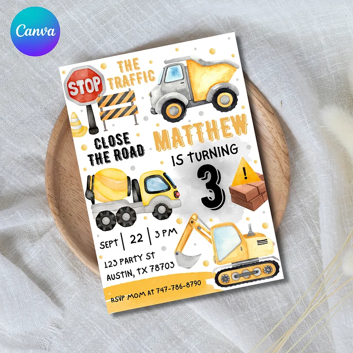 Construction Birthday Invitation Template – Canva Editable Builder Party Invite product image (1)