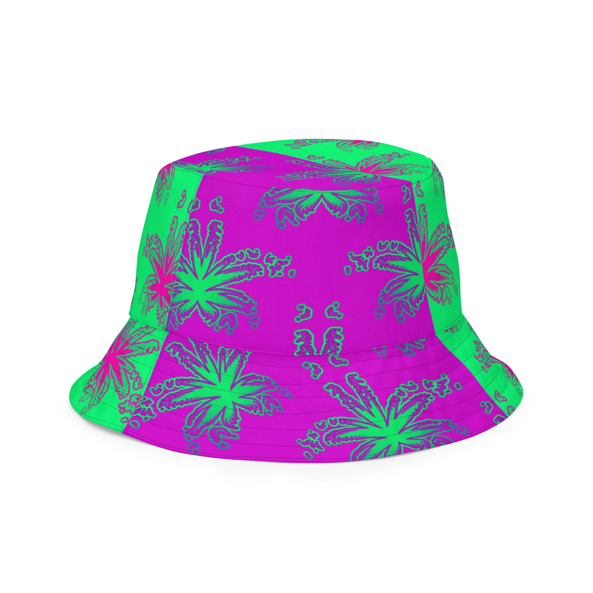 Green Purple Pot Leaf Pattern Reversible Bucket Hat, Cannabis Summertime 420 Fashion Accessory product image (4)