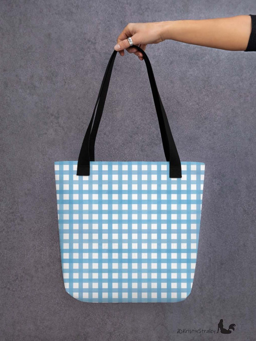 Blue Gingham Checker on White Tote Bag product image (6)