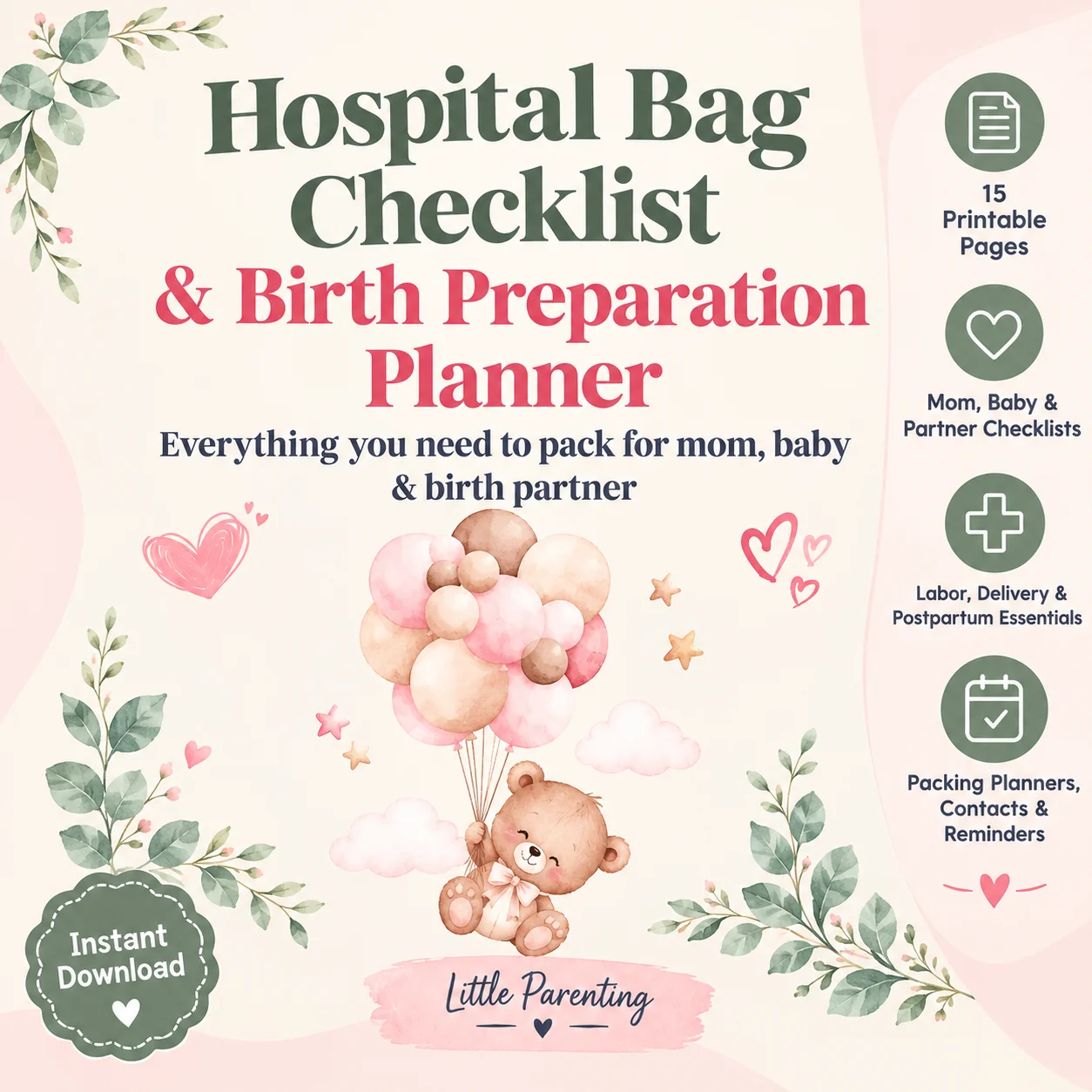 Hospital Bag Checklist Printable | Birth Preparation Planner | 15-Page Mom, Baby & Partner Packing Kit product image (1)