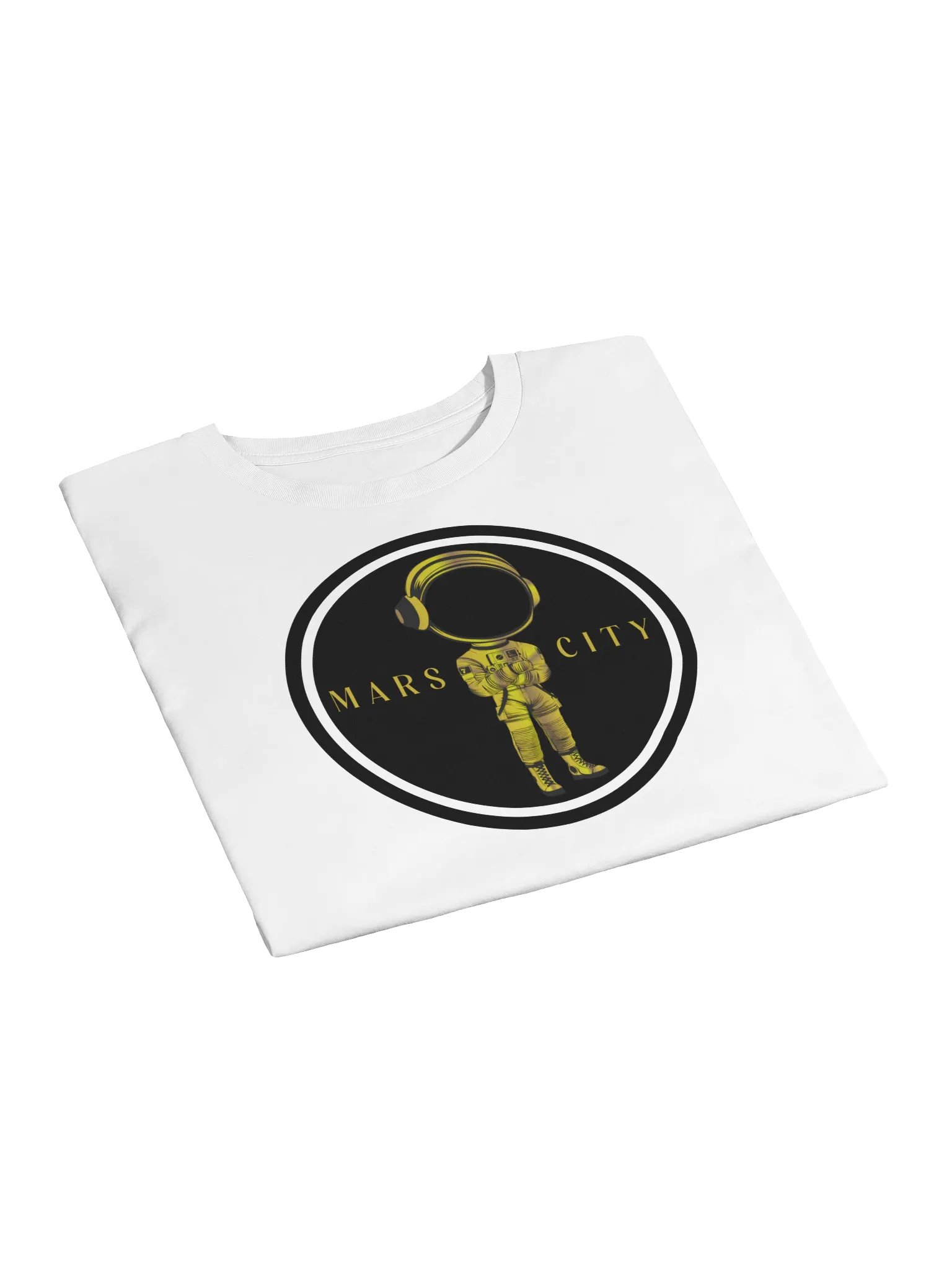 Ladies white cropped tee shirt with Gold Astronaut black circle front product image (3)
