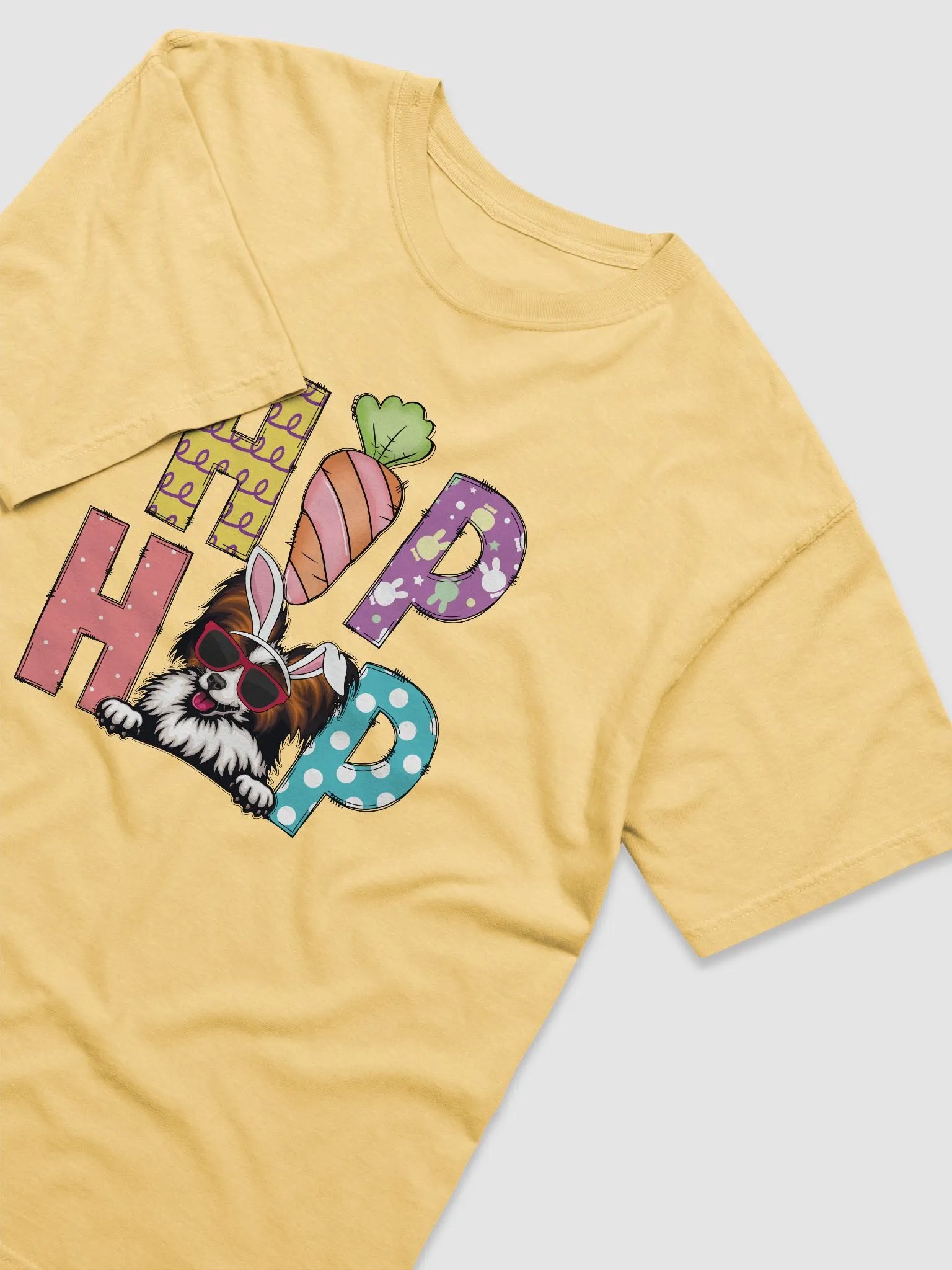 Hip Hop Easter Papillon T-Shirt | Cute Easter Day Papillon Wearing Bunny Ears and Sunglasses product image (3)