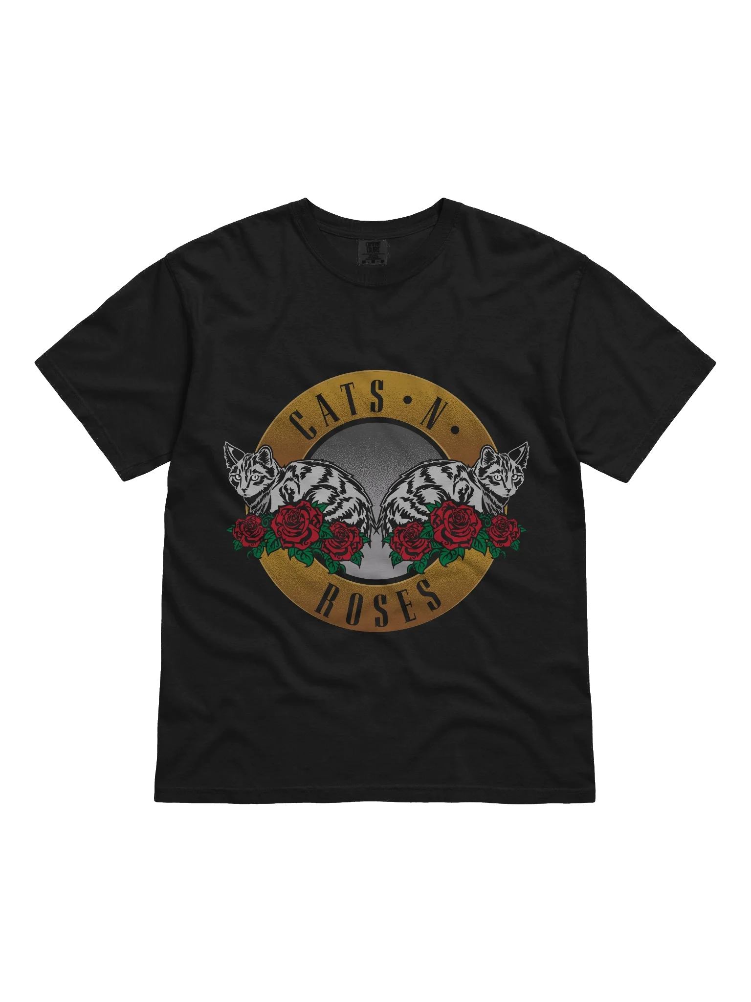 Cats N Roses t-shirt showing two white cats sleeping where the crossed revolvers would be in the Guns N Roses circle logo - a parody gift for cat lovers